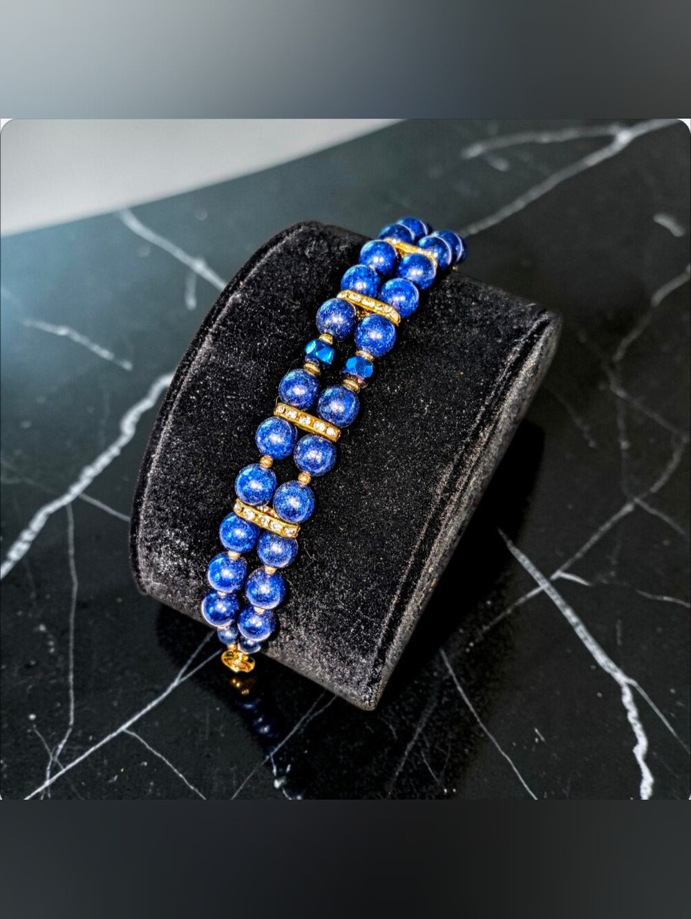 Lapis Lazuli Double - Layered Bracelet w/Golden Magnetic Clasp Accents